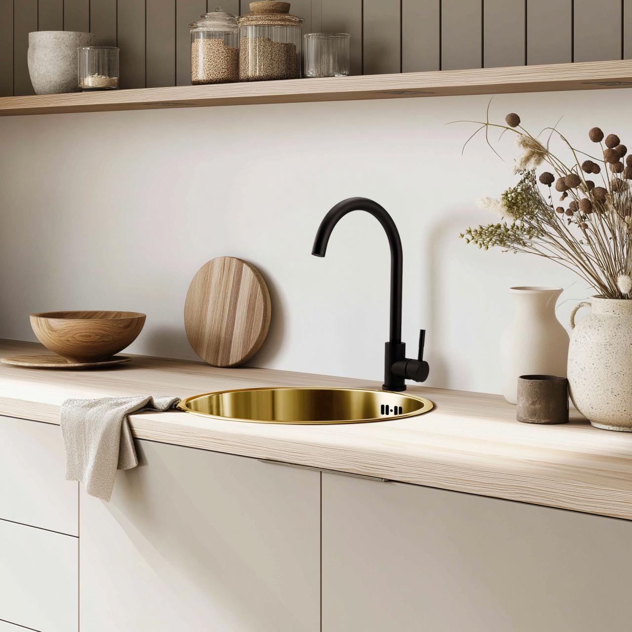 Pure.Sink Rondo Lavandino Rotondo Dorato da incasso, sottotop e sopratop 38 cm PRN38-60 - Productafbeelding 3