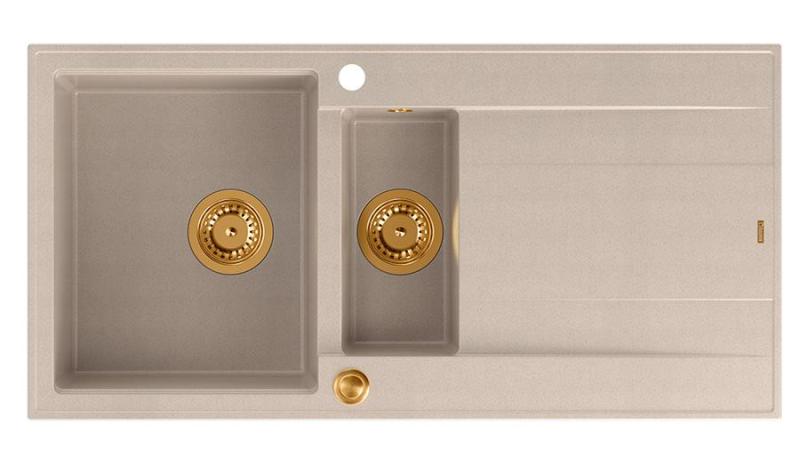 Lavello sopra-top Quadri Luton pearl beige in granito con 1,5 vasche e zona di scolo reversibile 100x50cm con tappo di rame 1208971792
