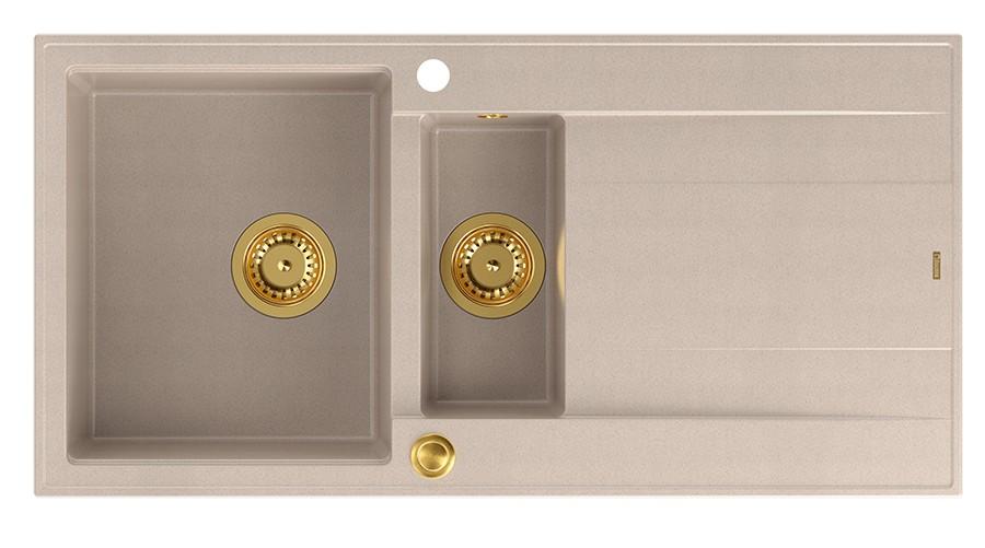 Lavello da incasso Quadri Luton in granito beige perlato con 1,5 vasche e zona di sgocciolamento reversibile 100x50cm con tappo dorato 1208971793 - Productafbeelding