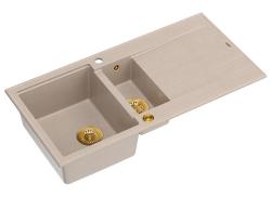 Lavello da incasso Quadri Luton in granito beige perlato con 1,5 vasche e zona di sgocciolamento reversibile 100x50cm con tappo dorato 1208971793