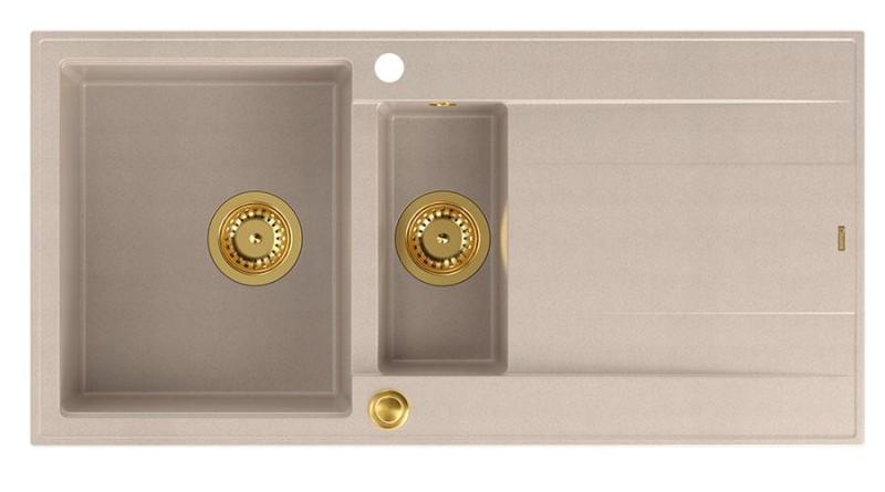 Lavello da incasso Quadri Luton in granito beige perlato con 1,5 vasche e zona di sgocciolamento reversibile 100x50cm con tappo dorato 1208971793