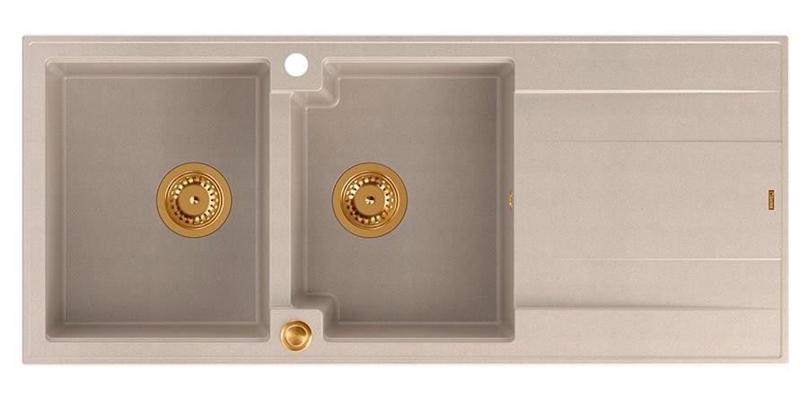 Quadri Luton montaggio doppio lavandino in granito beige perla con zona di scolo 116x50 cm con tappo di rame 1208971801 - Productafbeelding