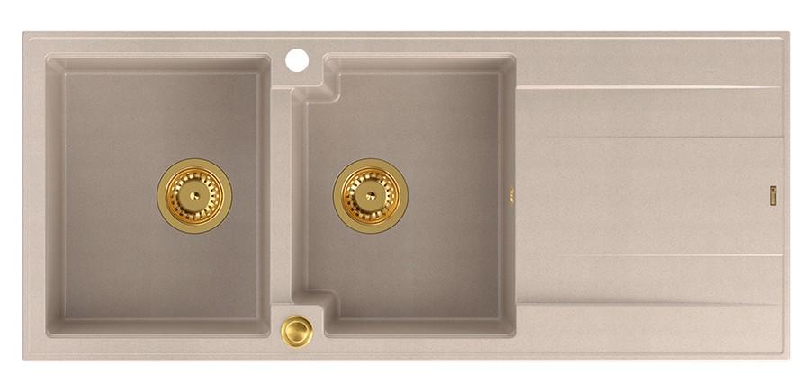Quadri Luton montaggio doppio lavello in granito beige perla con zona di scolo 116x50 cm con tappo dorato 1208971809 - Productafbeelding