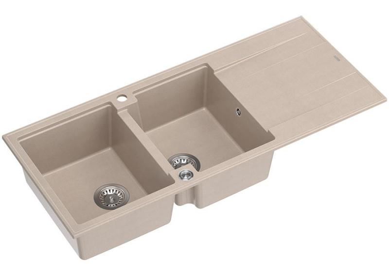 Quadri Luton montaggio doppio lavello in granito beige perla con zona di scolo 116x50 cm con tappo in acciaio inox 1208971812