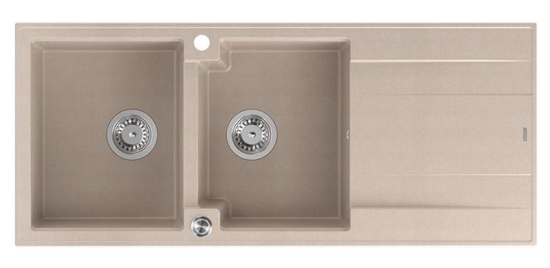 Quadri Luton montaggio doppio lavello in granito beige perla con zona di scolo 116x50 cm con tappo in acciaio inox 1208971812