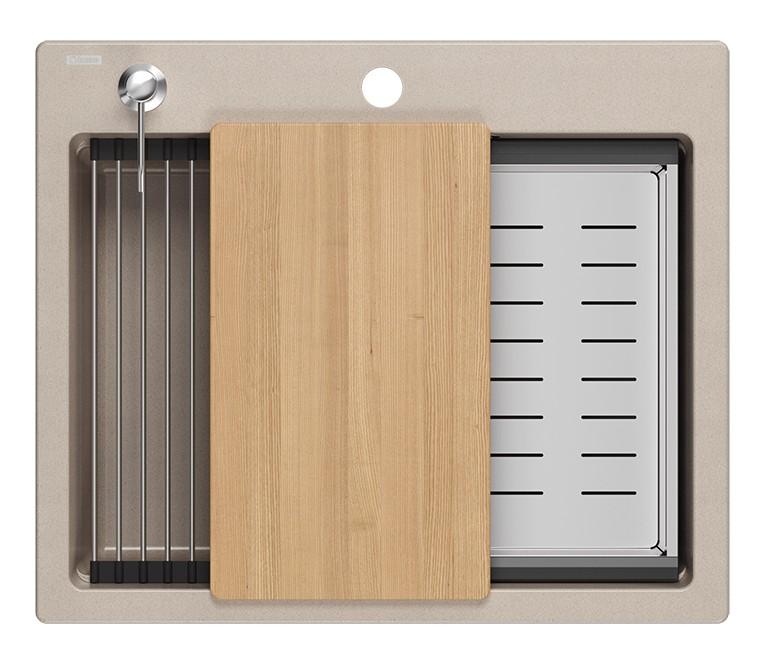 Lavabo da incasso Quadri Durham Pearl Beige in granito 595x500 con dispenser di sapone, tagliere, vaschetta interna e tappetino rotolante 1208971814 - Productafbeelding