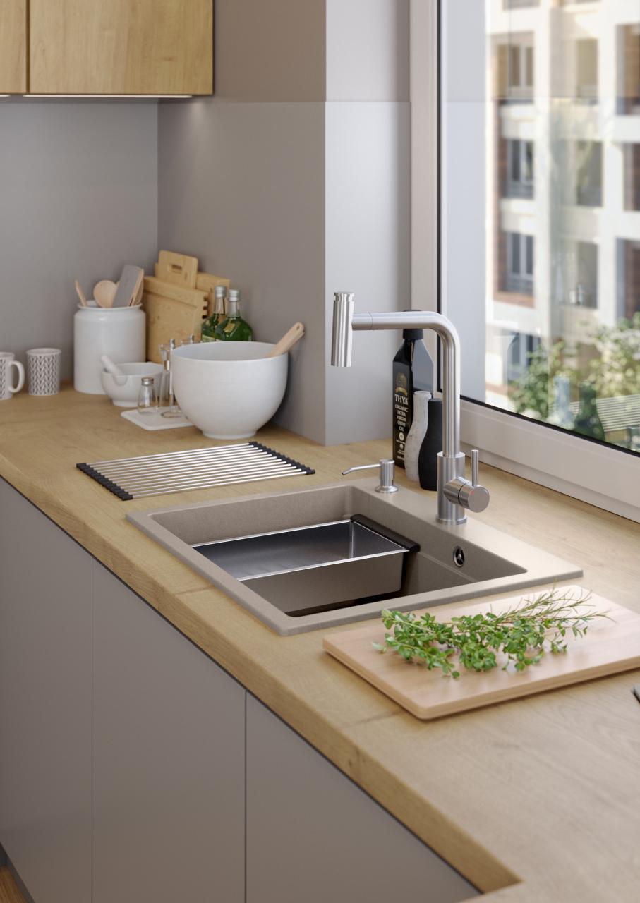 Lavabo da incasso Quadri Durham Pearl Beige in granito 595x500 con dispenser di sapone, tagliere, vaschetta interna e tappetino rotolante 1208971814 - Productafbeelding 4