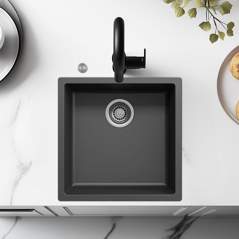 Lavello Ausmann Fibre nero 40x40cm da incasso, da appoggio e da installare a filo con tappo automatico in acciaio inossidabile 1208971836