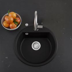 GraniteMy Bremen lavandino rotondo in granito 43 cm nero, da incasso e sottotop, con foro per rubinetto e tappo automatico in acciaio inox 1208971840