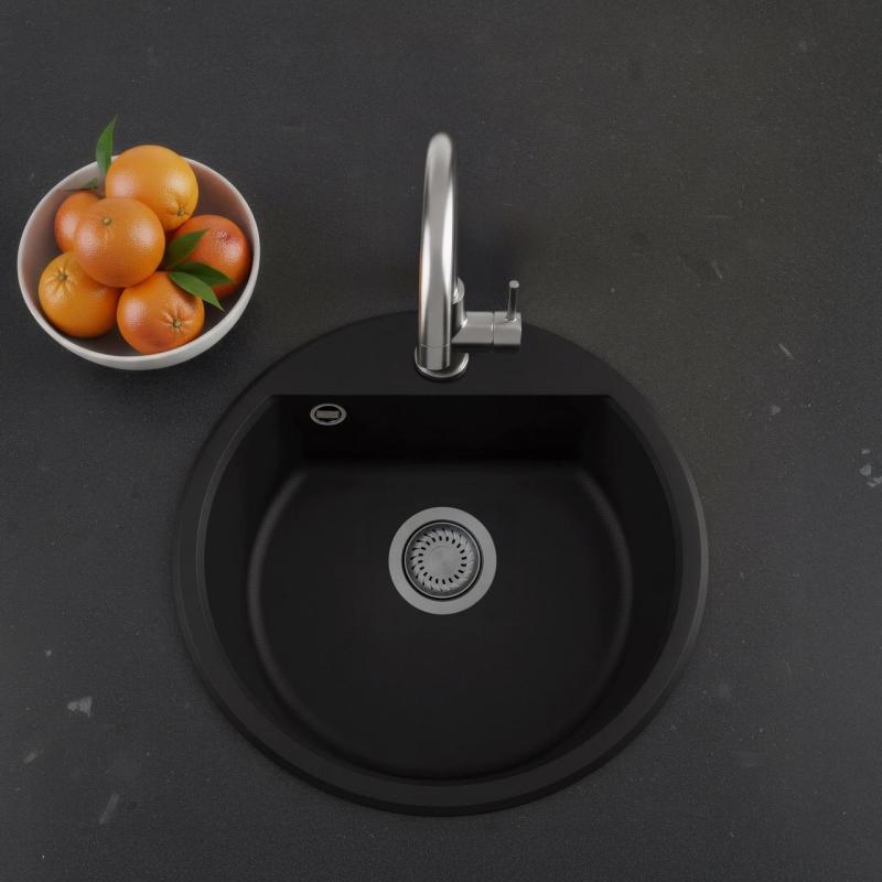 GraniteMy Bremen lavabo rotondo in granito 43 cm nero, da incasso e sottotop, con foro per rubinetto e tappo in metallo effetto pistola 1208971842