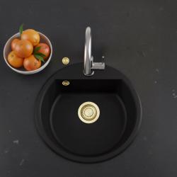 GraniteMy Bremen lavabo rotondo in granito 43 cm nero, da incasso e sottotop, con foro per rubinetto e tappo automatico dorato 1208971843