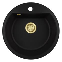 GraniteMy Bremen lavabo rotondo in granito 43 cm nero, da incasso e sottotop, con foro per rubinetto e tappo automatico dorato 1208971843