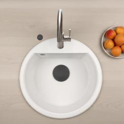 GraniteMy Bremen lavabo rotondo in granito 43 cm bianco, da incasso e sottotop, con foro per rubinetto e tappo automatico nero 1208971846