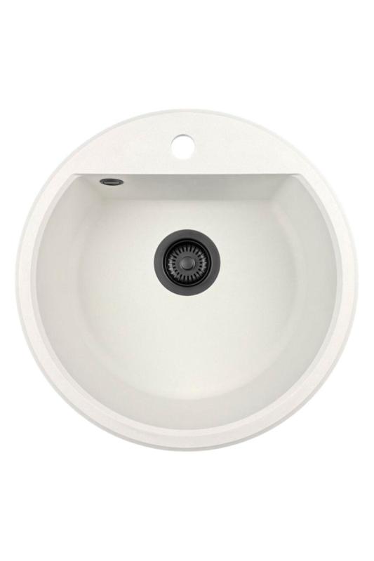 GraniteMy Bremen lavabo rotondo in granito 43 cm bianco, da incasso e sottotop, con foro per rubinetto e tappo automatico nero 1208971846