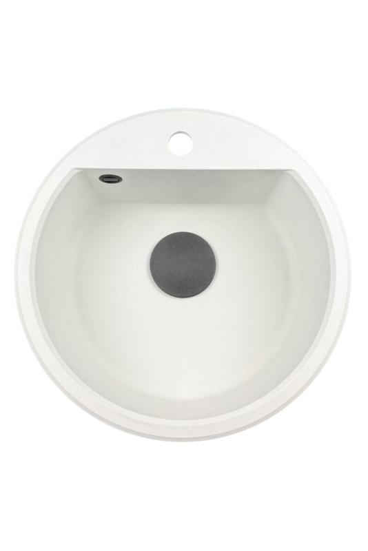GraniteMy Bremen lavabo rotondo in granito 43 cm bianco, da incasso e sottotop, con foro per rubinetto e tappo automatico nero 1208971846