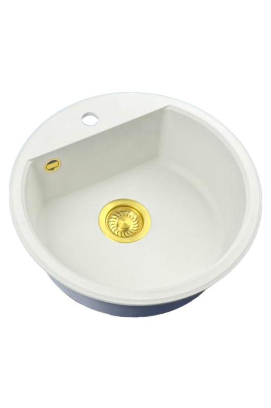 GraniteMy Bremen lavabo rotondo in granito 43 cm bianco, da appoggio e sottotop, con foro per rubinetto e tappo automatico dorato 1208971848