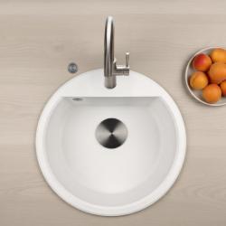 GraniteMy Bremen lavabo rotondo in granito 43 cm bianco, da incasso e sottotop, con foro per rubinetto e tappo automatico in metallo color canna di fucile 1208971849