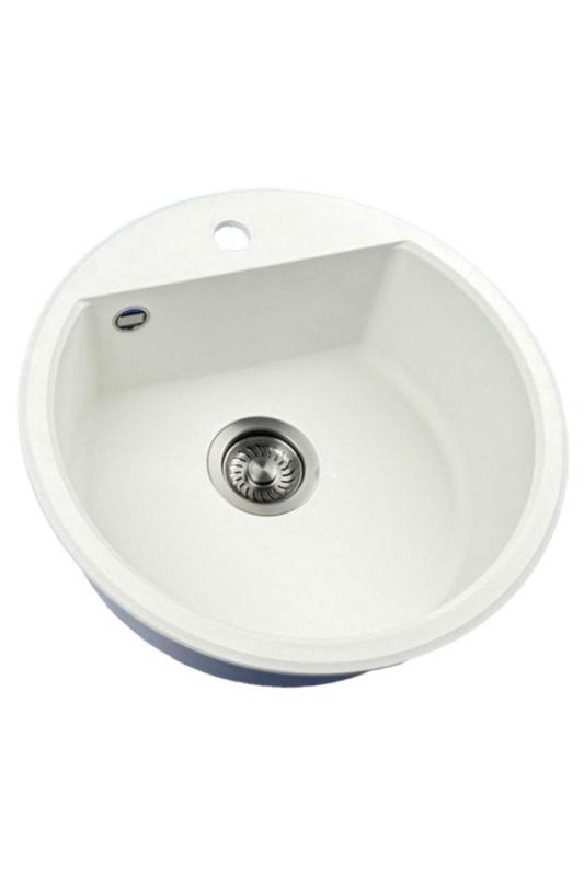GraniteMy Bremen lavabo rotondo in granito 43 cm bianco, da incasso e sottotop, con foro per rubinetto e tappo automatico in metallo color canna di fucile 1208971849