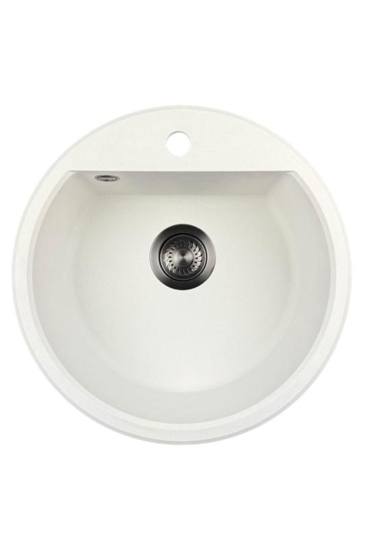 GraniteMy Bremen lavabo rotondo in granito 43 cm bianco, da incasso e sottotop, con foro per rubinetto e tappo automatico in metallo color canna di fucile 1208971849