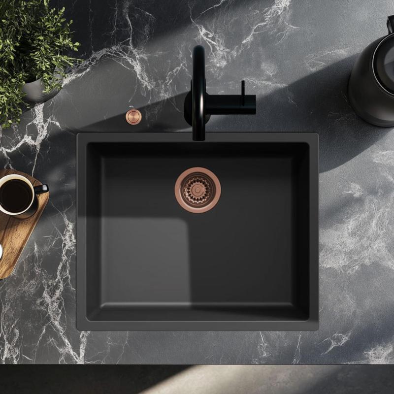 Lavello Ausmann Fibre nero 50x40cm da incasso, sopraelevato e a filo con tappo automatico in rame 1208971858