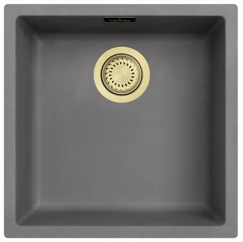 Ausmann Fibre lavabo in cemento grigio 40x40cm da incasso, sopraelevato e a filo con tappo dorato 1208971881