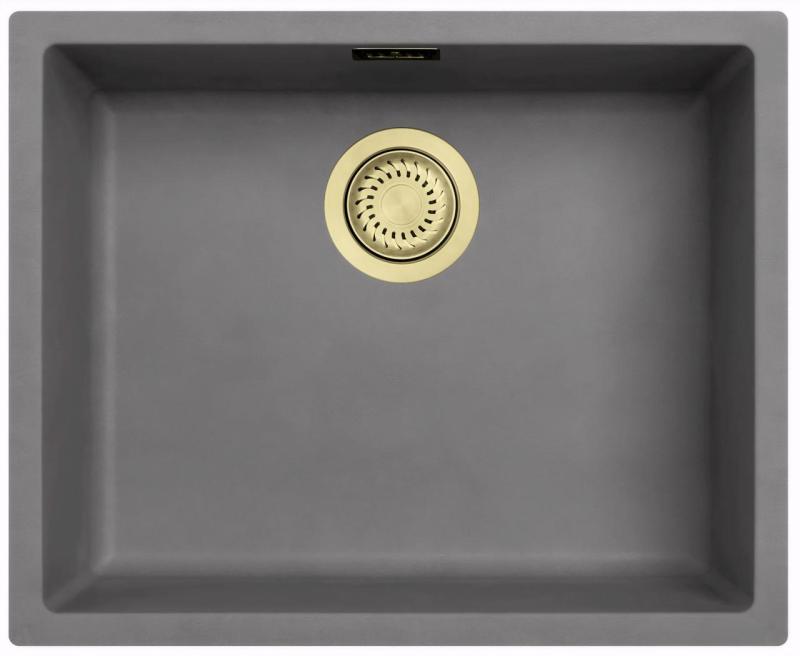 Ausmann Fibre lavabo in calcestruzzo grigio 50x40cm da incasso, da appoggio e da filo con tappo dorato 1208971885