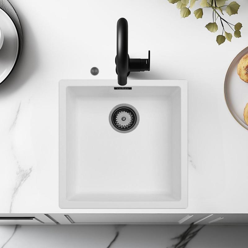 Lavello Ausmann Fibre bianco 40x40cm da incasso, sopraelevato e a filo con tappo automatico in metallo color canna di fucile 1208971895