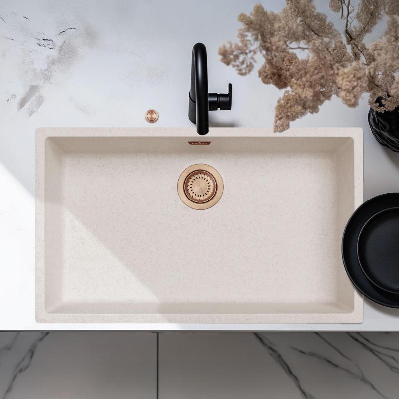 Ausmann Fibre sabbia bianca grande lavello 70x40cm da incasso, da appoggio e da installare a filo con tappo automatico in rame 1208971937