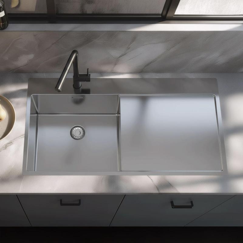 Pure.Sink Exclusivo Lavello in acciaio inox con sgocciolatoio 100x52 cm Rubinetto a leva sinistro PEX47100LT-02