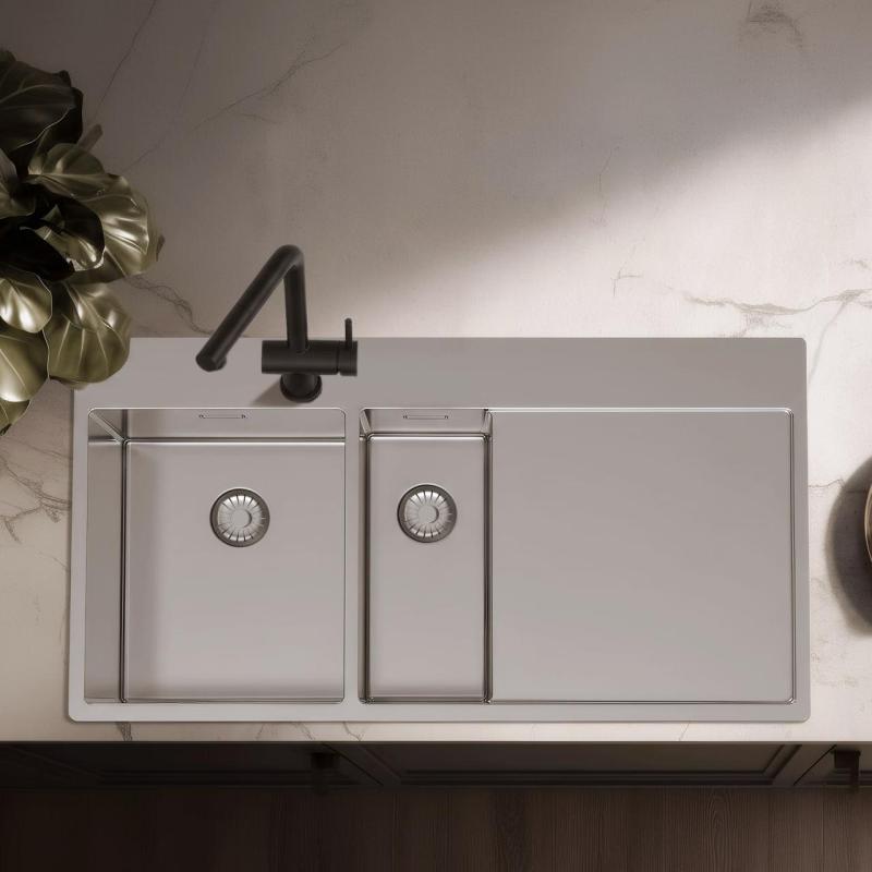 Pure.Sink Exclusivo Lavello in acciaio inox 1,5 con sgocciolatoio 100x52 cm Rubinetto a leva sinistro PEX3418100LT-02