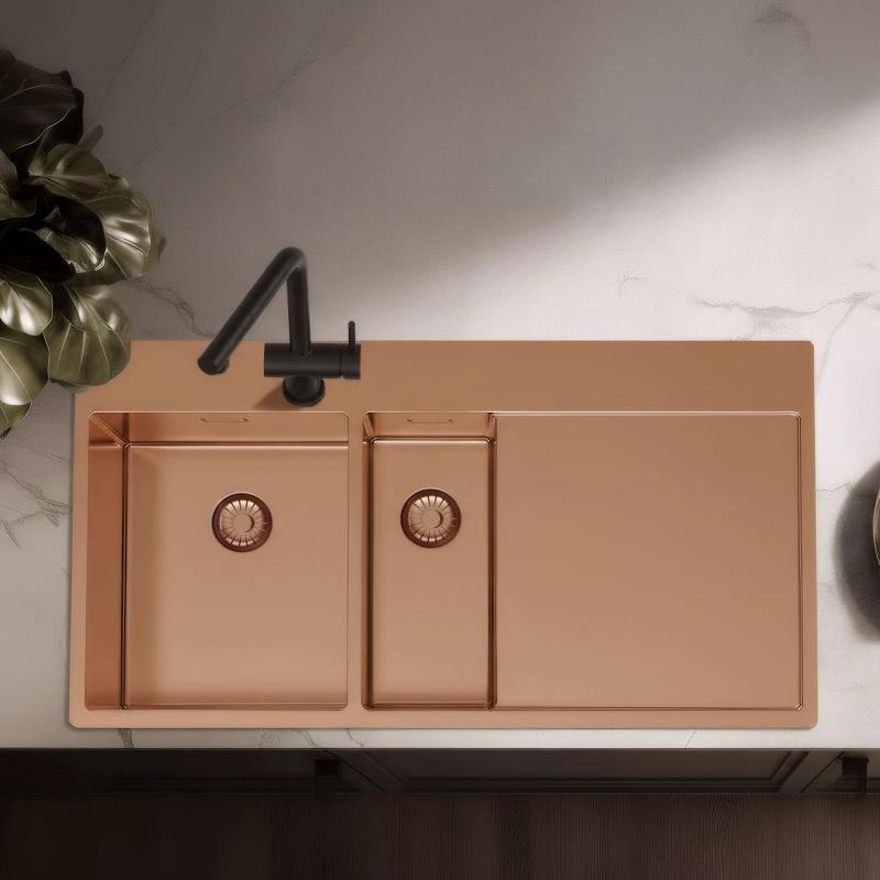 Pure.Sink Exclusivo Lavello in rame da 1,5  con sgocciolatoio 100x52 cm Rubinetto a leva sinistro PEX3418100LT-62