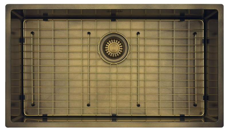 Pure.Sink Luxion Grande lavello in bronzo antico PVD 74x40 cm sottopiano, incasso a filo e da appoggio con griglia inferiore PLX7440-64