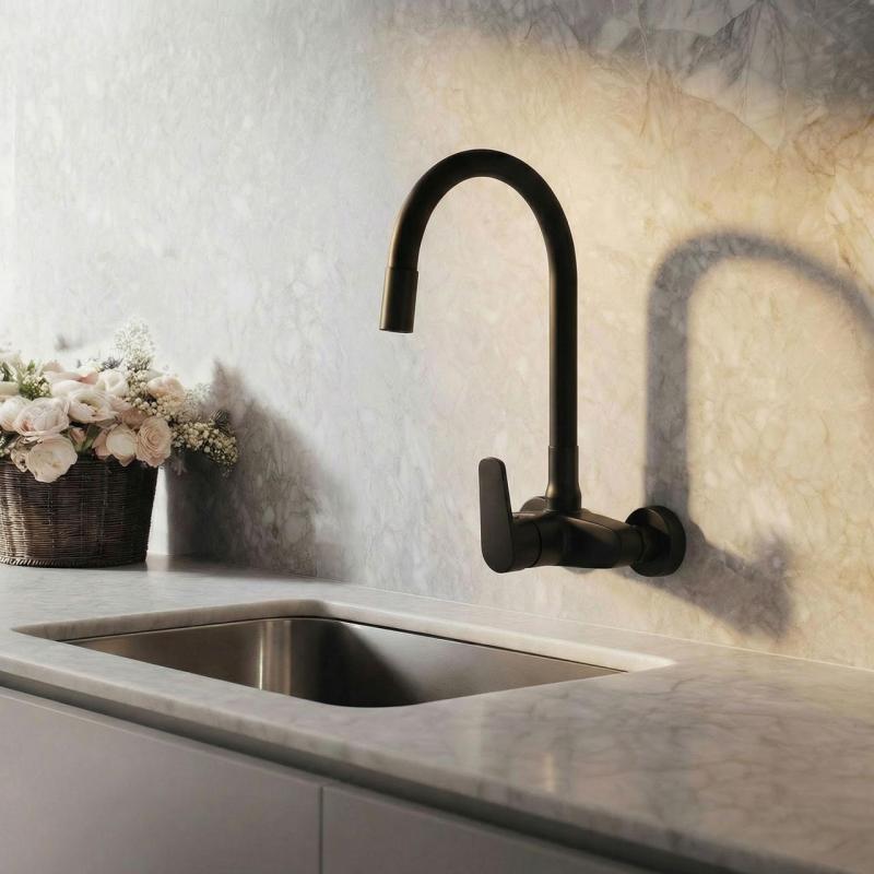 Aquanello Casa Rubinetto da cucina a parete nero con bocca flessibile alta BL-1301-CS