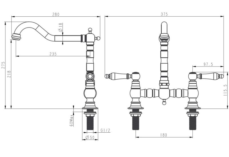 Aquanello Heritage Manor Rubinetto da cucina classico nostalgico Ponte cromato con leva bianca CR-0010-HM