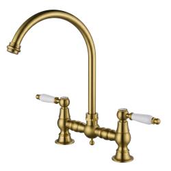 Aquanello Heritage Manor Rubinetto da cucina classico in stile retrò con ponte, finitura bronzo, maniglia bianca e bocca rotonda BN-0011-HM