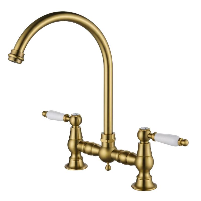 Aquanello Heritage Manor Rubinetto da cucina classico in stile retrò con ponte, finitura bronzo, maniglia bianca e bocca rotonda BN-0011-HM
