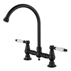 Aquanello Heritage Manor Rubinetto da cucina classico in stile retrò, nero con leva bianca e bocca rotonda BL-0011-HM