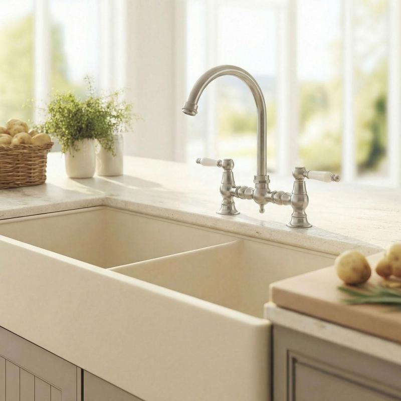 Aquanello Heritage Manor Rubinetto da cucina classico nostalgico in acciaio inossidabile con leva bianca e bocca rotonda NB-4001-HA