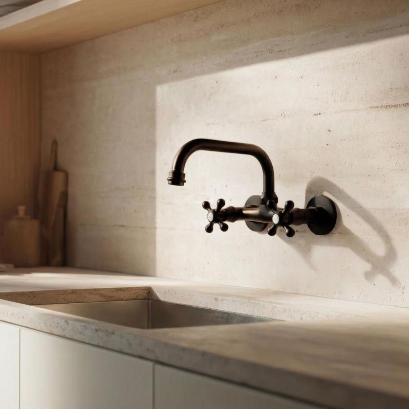 Aquanello Heritage Ascot Rubinetto da cucina classico a parete con bocca superiore nera BL-4110-HA