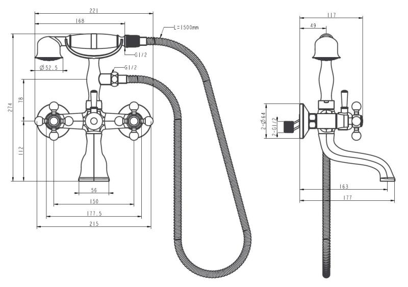 Aquanello Heritage Ascot Rubinetto classico per vasca con manopole a stella in acciaio inox, doccetta inclusa NB-3002-HA