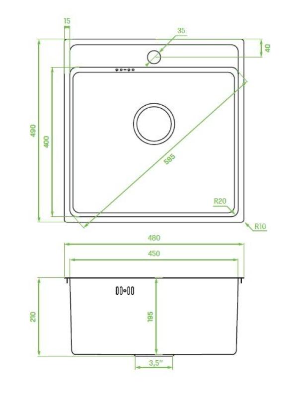 Aquadesign Plana Lavello in acciaio inox da incasso 48x49 cm con foro per rubinetto, sifone e tappo di scarico Clickclack inclusi 1208972559