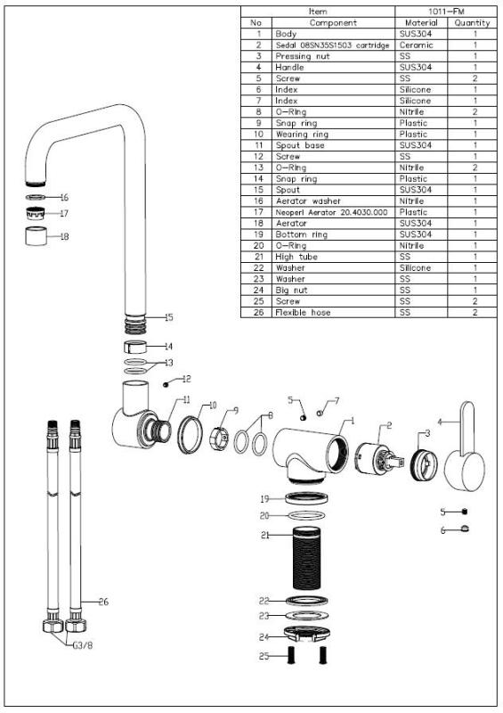 Aquanello Forma Rubinetto da cucina ribaltabile in acciaio inossidabile massiccio SS-1011-FM