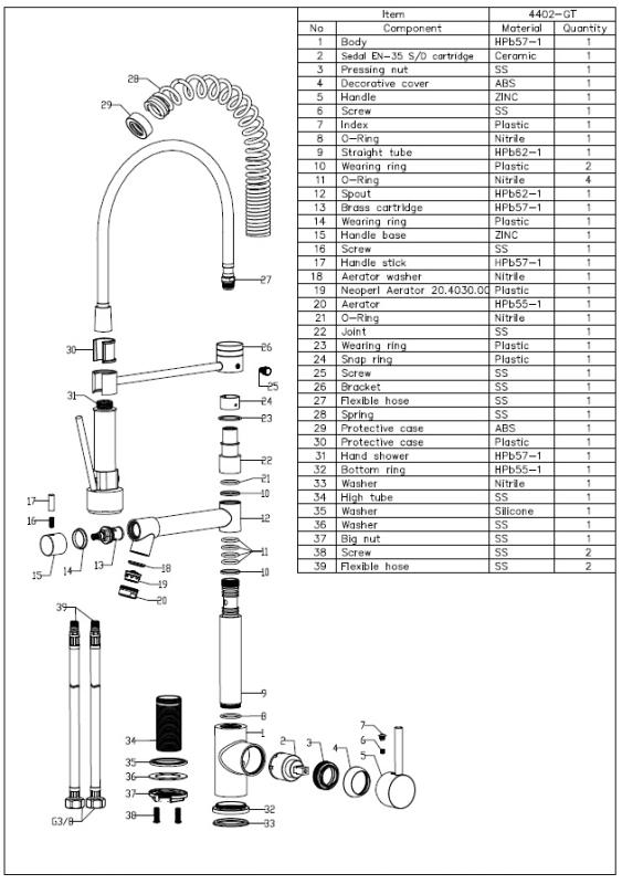 Aquanello Gastro Rubinetto da cucina con funzione a spruzzo professionale, cromato CR-4402-GT