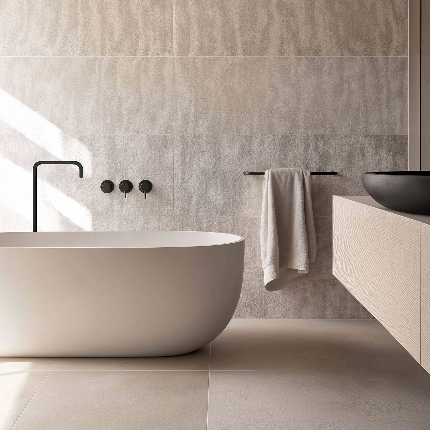 Oltre il cromo: accessori in nero opaco e bronzo per un bagno dal carattere deciso